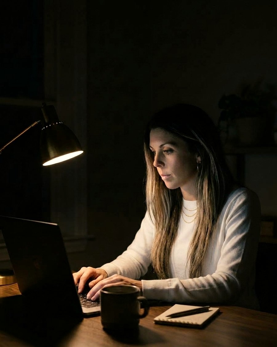 Elena Gonovi, fundadora de Karumax, trabajando en su escritorio