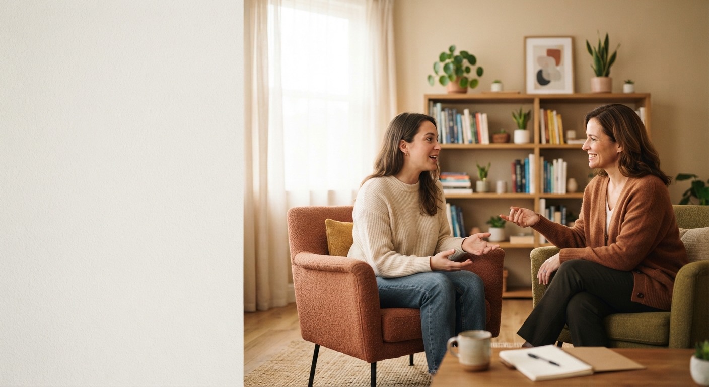 Una psicóloga conversando con una paciente en su consulta
